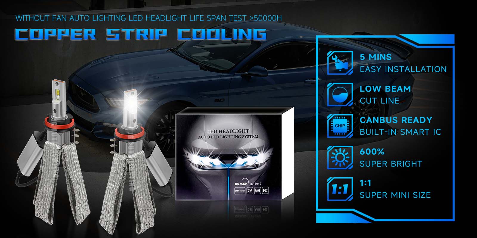 JG 8C Pro Led Copper Strip Series Fanless H15 Car LED H15 6000K 80W 8000LM Car LED Headlight Bulb Canbus Led