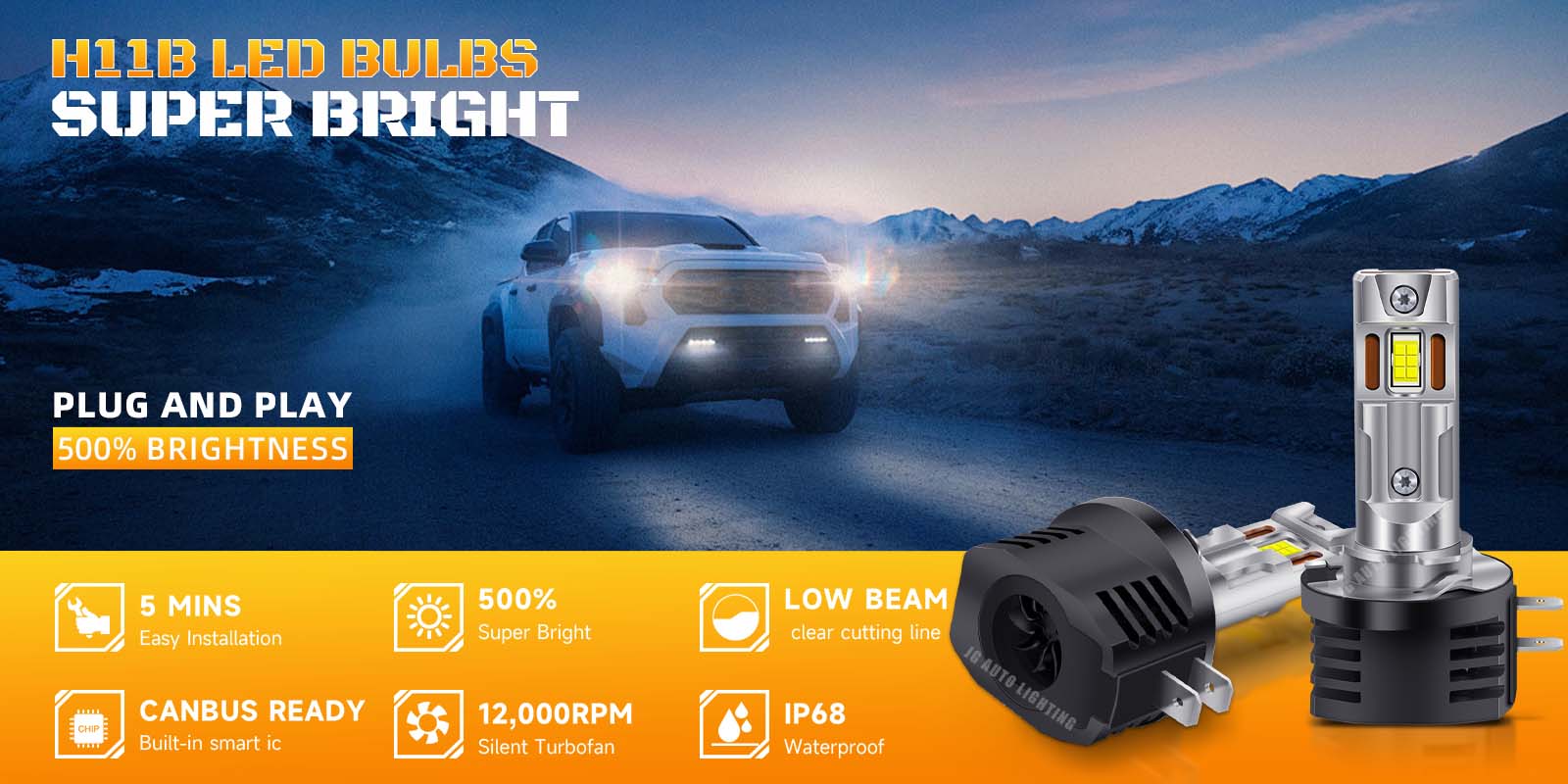 JG Z25 80W 10000lm Super Canbus Flip-up LED Car Headlight Bulbs H9B H11B White