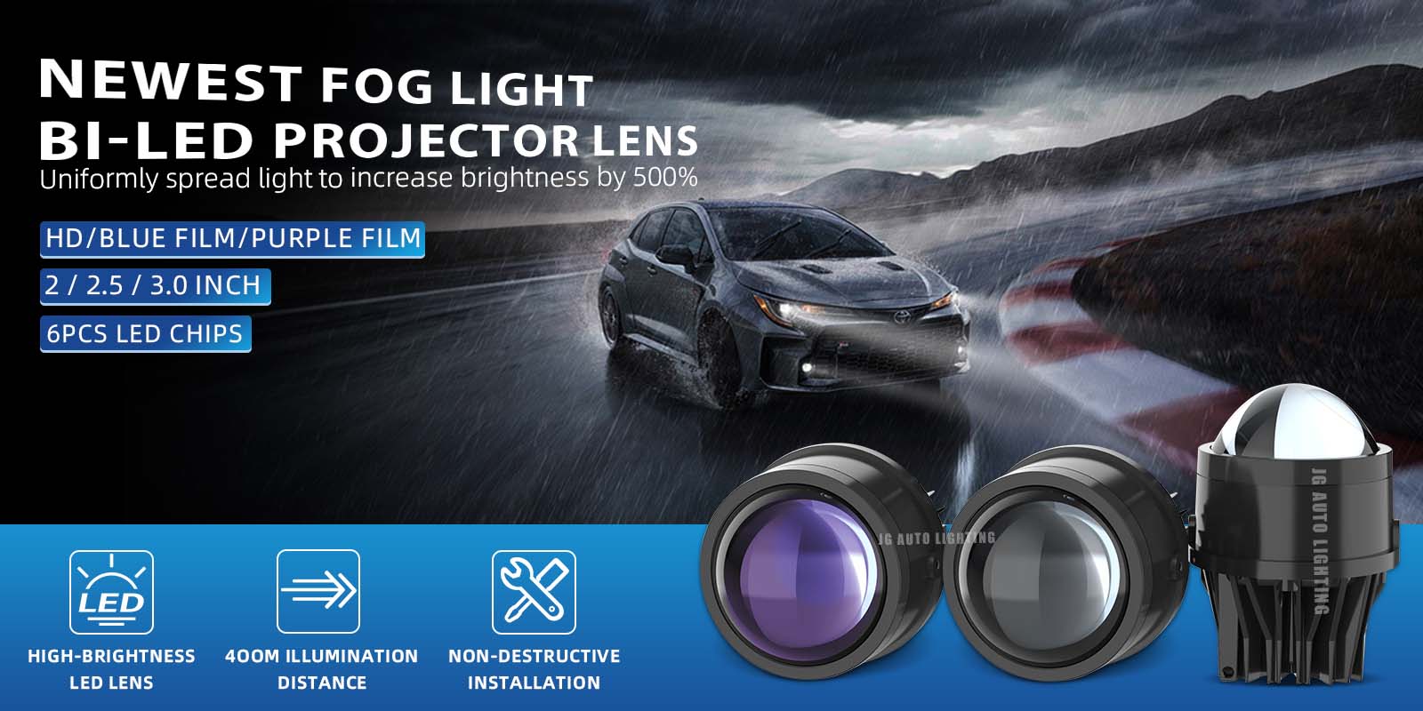 High Quality JG LED Headlights Fog Lights 2Inch 2.5Inch 3Inch Bi-LED Lens Dual Fog Light Universal Fog Light Headlights Dual Fog Light