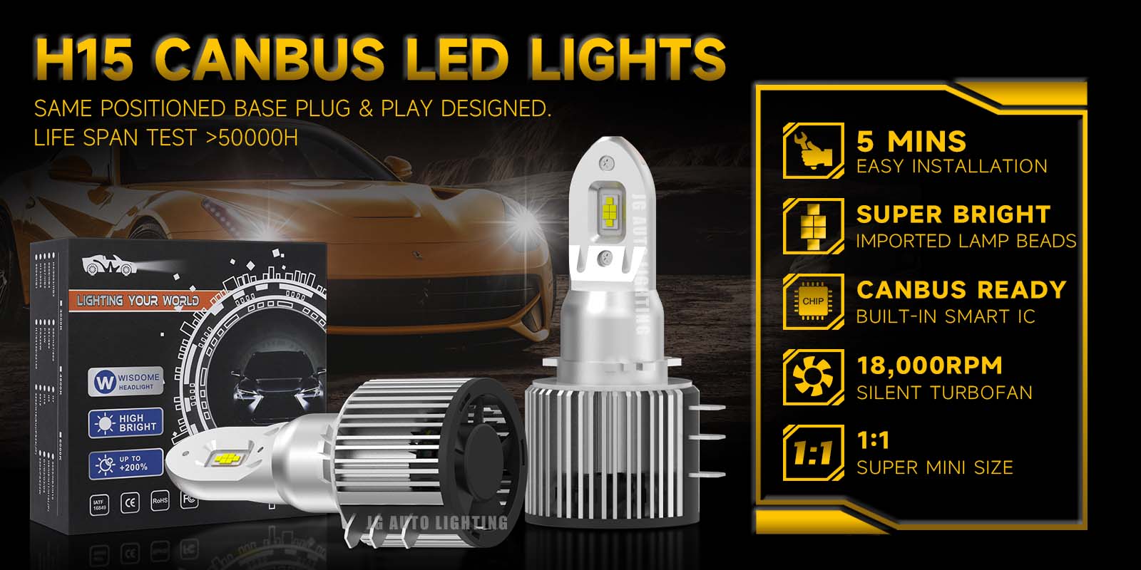 JG 100W 15000lm DRL H15 High Beam Powerful Small Size LED USA Germany Kia VW Cars Super Canbus H7 H11