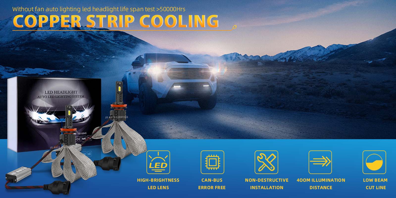 JG High Lumens LED Headlight 16C 110W H11 Fanless Led Braided Copper Strip Cooling LED 9005 9006 H11 H4 Auto LED Bulbs